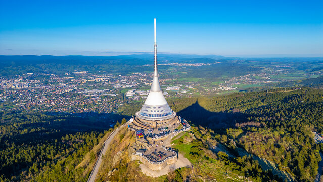 Aerial view of Jested tower during a sunny day near Liberec, Cze