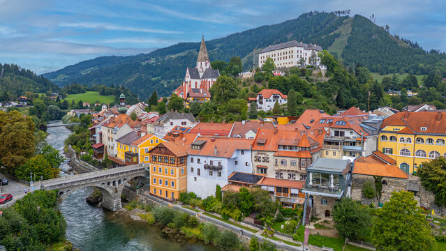 Riverside of Mura at Murau in Austria