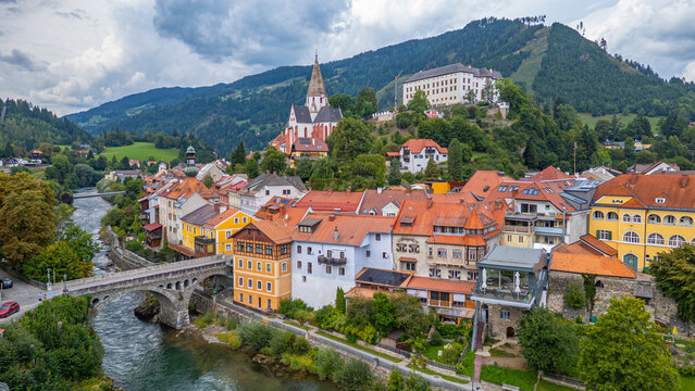 Riverside of Mura at Murau in Austria