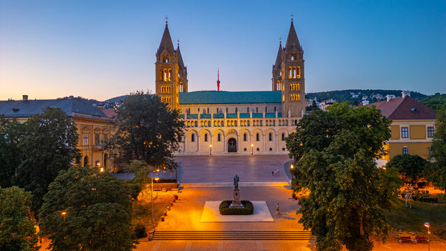 Sunset view of the basilica of Pecs in Hungary