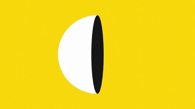 Minimalist geometric animation showing phases of a circle transition. Abstract white shape morphing against a yellow background. Modern graphic design concept.