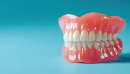 Obraz premium Dentures And Tooth Model On A Blue Background: Upper And Lower Jaws With False Teeth. Close-Up Image With Copy Space For Mockup Design
