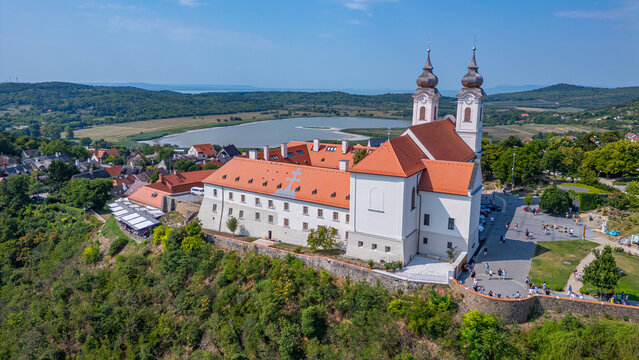Panorama view of the Tihany Benedictine Abbey beside Balaton lak