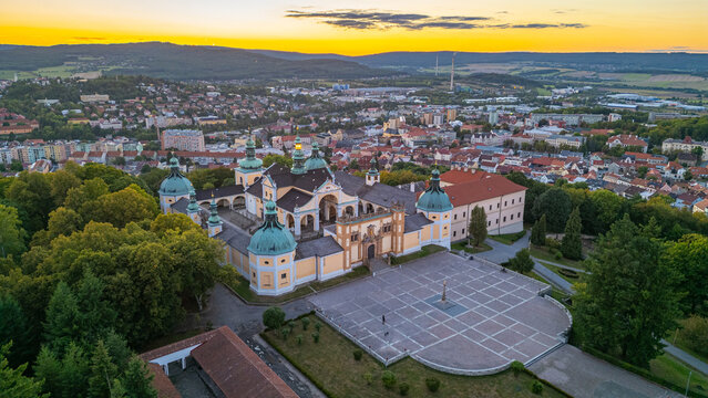 Sunset panorama view of Svata Hora pilgrimage site near Pribram,