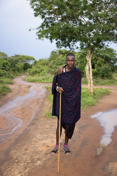 Portrait of a young Maasai warrior on the road in the forest wearing traditional clothing and holding a wooden stick