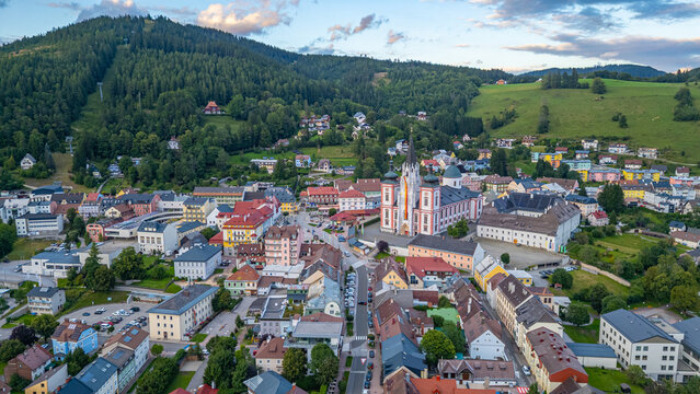 Panorama view of Mariazell basilica during a sunny day in Austri