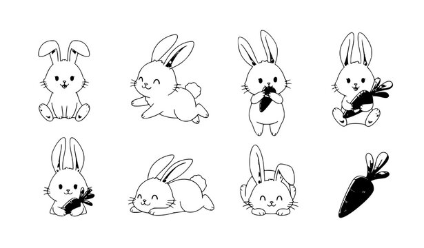 Cute white rabbit cartoon set with bunny characters in different poses for Easter and Lunar New Year isolated on white background