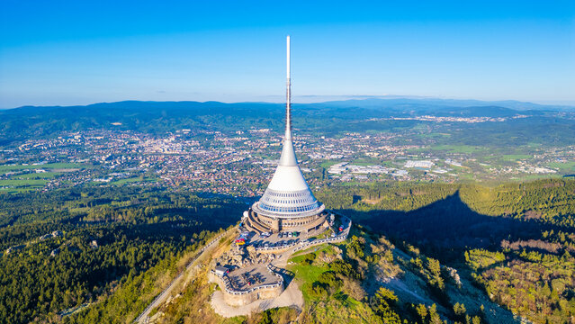 Aerial view of Jested tower during a sunny day near Liberec, Cze