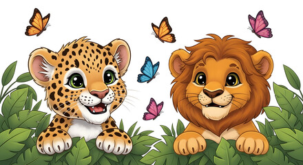 Fototapeta premium A cartoon leopard and lion in the jungle with butterflies
