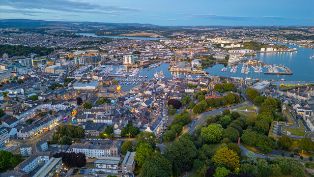 Sunset aerial view of downtown Plymouth, England