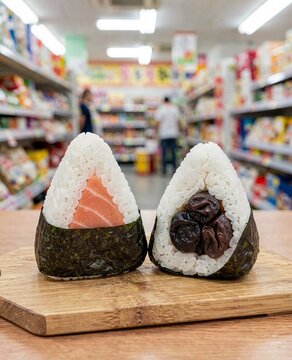 Japanese Onigiri Rice Triangles with Nori Salmon and Umeboshi on Wood Against Store Bokeh