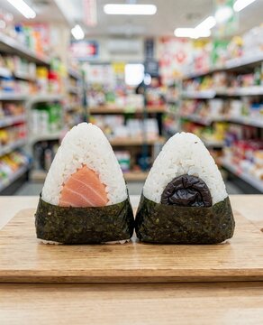 Japanese Onigiri Rice Triangles with Nori Salmon and Umeboshi on Wood Against Store Bokeh