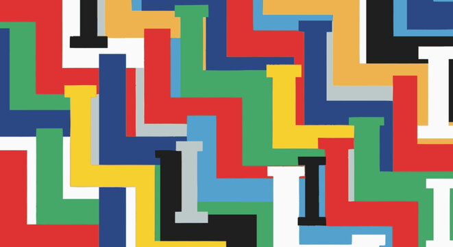 Vibrant abstract geometric pattern with interlocking colorful L-shapes. Modern seamless background design.