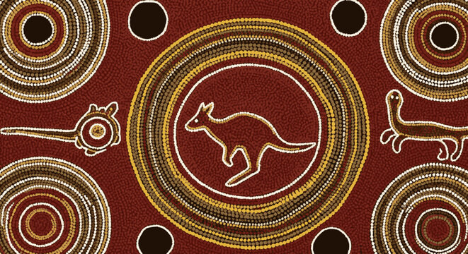 Vibrant Indigenous Australian dot painting featuring a kangaroo silhouette, intricate concentric circles, and traditional Aboriginal patterns in earthy tones.
