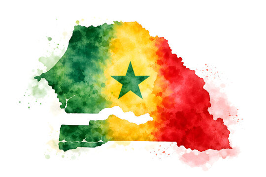 Watercolor map of Senegal in vibrant green, yellow and red flag colors with central star, artistic ink texture, soft splashes, clean white background, modern travel design, high detail.
