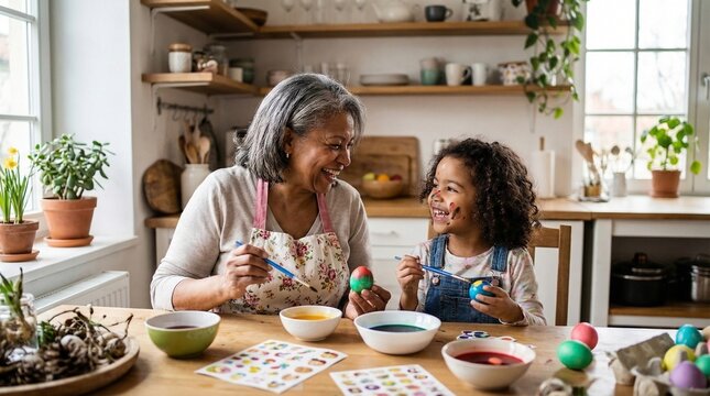 mother and daughter having fun painting easter eggs