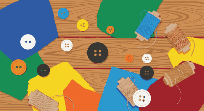 Colorful sewing and craft supplies on a wooden table, featuring fabric scraps, buttons, and thread spools for DIY projects and hobbies