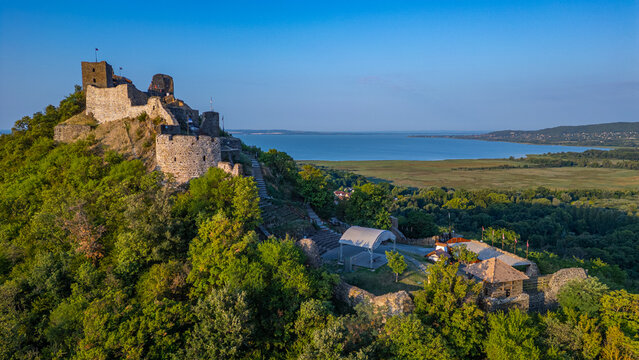 Sunrise view of Szigliget castle in Hungary
