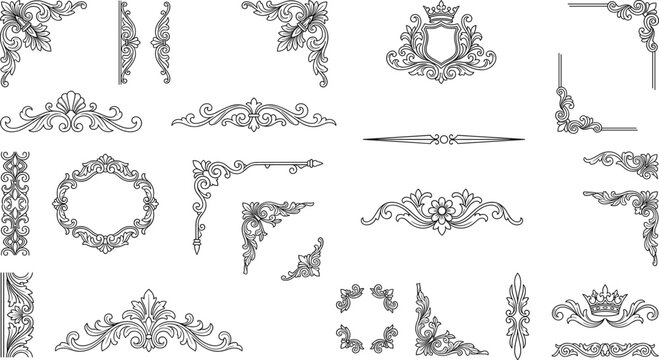 Vintage Baroque 23 Piece Ornament Set with Frames Dividers Corner Elements and Heraldic Crest