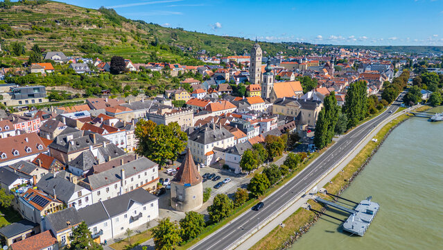 Panorama view of Krems an der Donau and its churches in Austria