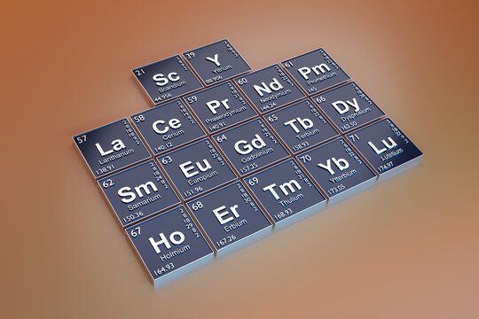 Rare earth symbols on orange background. 3D illustration.