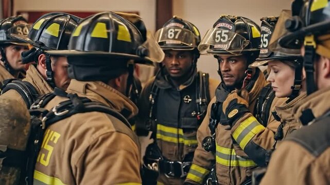 Diverse firefighters in protective gear having a tactical briefing and team huddle in a fire station