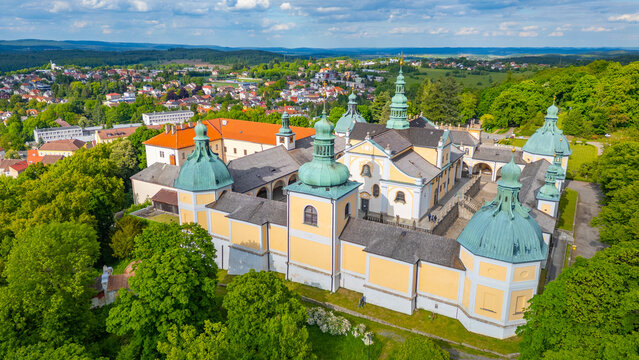 Panorama view of Svata Hora pilgrimage site near Pribram, Czech