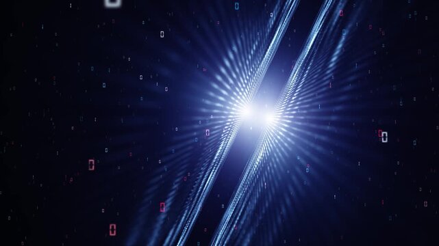 Abstract blue digital light burst with flowing data streams and binary code particles, representing high-speed information transfer, technology networks and futuristic cyberspace energy. Seamless loop