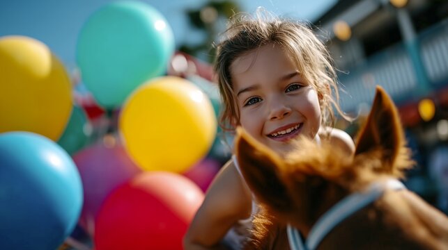 Smiling girl riding pony with colorful balloons in background