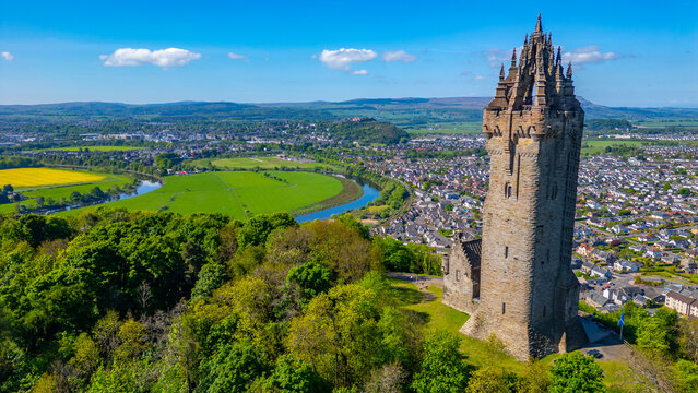 Aerial view of the National Wallace Monument at Stirling, Scotla