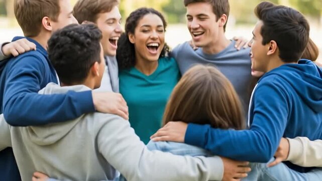 Multiethnic young students embracing in a circle, inclusive peer support group meeting