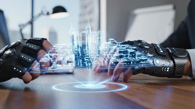 Businessman Interacting with Futuristic 3D Holographic City Model Using Haptic VR Gloves
