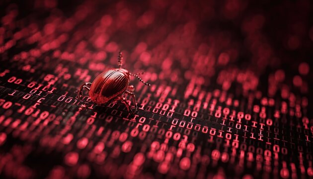 Dark Red Background Featuring Digital Binary Code Along With A Bug. The Binary Code Is Displayed In A Digital Format.