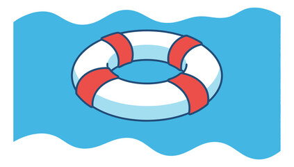 Naklejka premium Cartoon illustration of striped lifebuoy floating on water depicting safety equipment for summer and rescue design