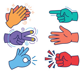 Obraz premium Cartoon icon set of 6 hand gesture symbols featuring clapping, pointing and communication signs for social media design