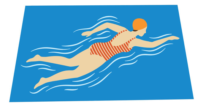 Flat illustration of female swimmer backstroke depicting aquatic exercise for sports and wellness design