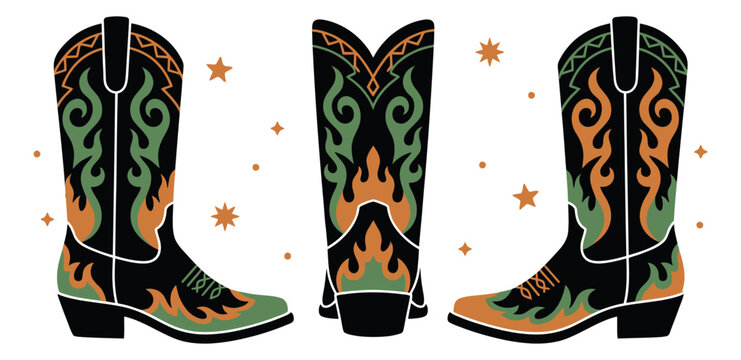 Flat illustration set of 3 western cowboy boots featuring decorative flame patterns and stars for country fashion design