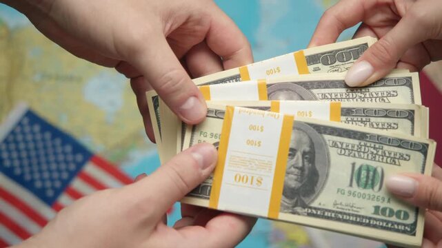 American investor passes stack of dollars to Qatari diplomat against world map with US and Qatar flags for energy partnership.