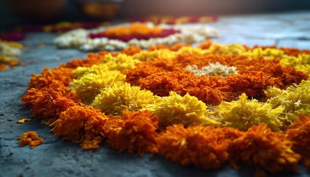 Colorful Rangoli For Diwali Or Pongal Festival Created With Marigold And Rose Petals On Moody Or White Background, Focused Display.