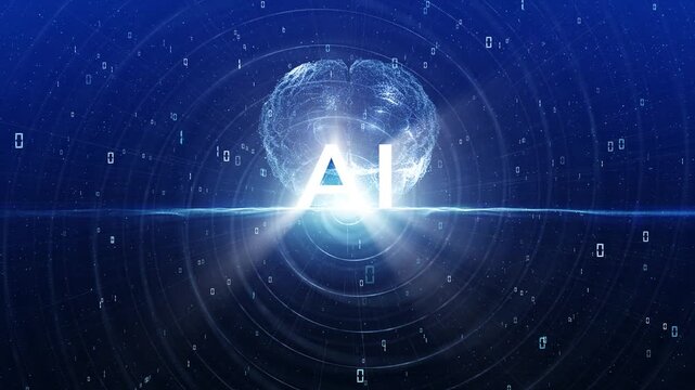 Glowing AI brain with digital data waves and binary code on futuristic blue cyberspace background, symbolizing artificial intelligence, neural networks and advanced computing. Loop animation.