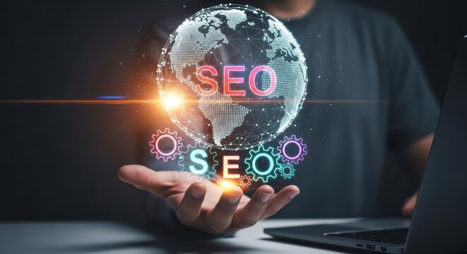 Digital marketing expert holding a glowing globe with SEO and gears symbolizing strategy