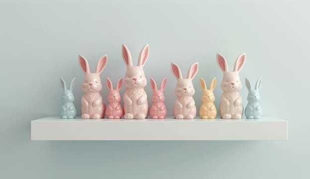 collection of delicate pastel ceramic Easter bunnies are delicately arranged on a pristine. created with generative ai