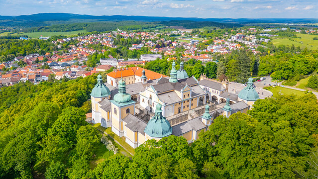 Panorama view of Svata Hora pilgrimage site near Pribram, Czech