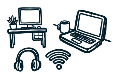 Fototapeta premium Remote work desk and laptop technology elements in sketchy doodle art