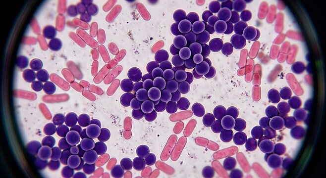 Detailed microscopic view of mixed bacterial cultures showing spherical cocci and rod-shaped bacilli, ideal for microbiology and medical education