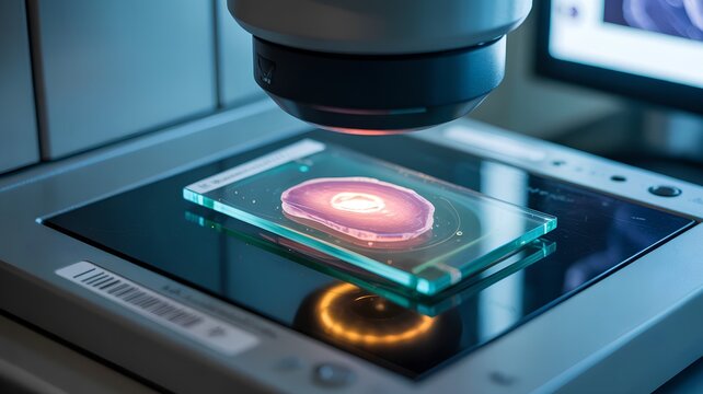 Ultra-detailed macro shot of a digital pathology scanner in operation, showing a glass slide moving under the lens, capturing tissue sections