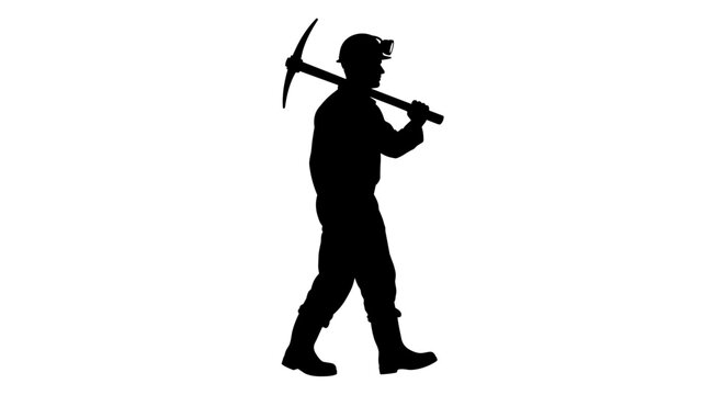Silhouette of a man walking with a pickaxe on his shoulder in a simple black graphic