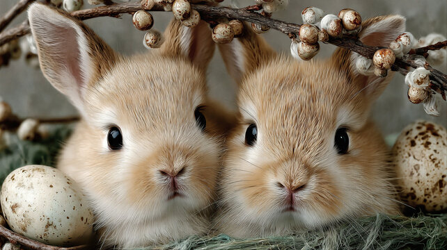 Two cute fluffy rabbit sitting near easter egg. Spring season holiday decoration with small bunny and pussy willow branch. Traditional festive symbol of new life and rebirth concept.