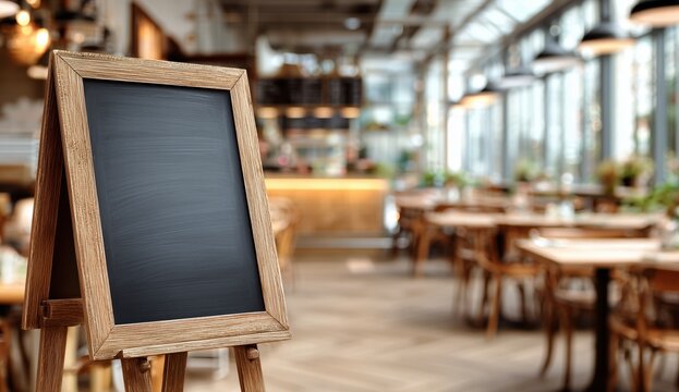 a blank blackboard on an easel in front of a blurred background of a restaurant interior with wooden tables and chairs. web banner with copy space Generative AI