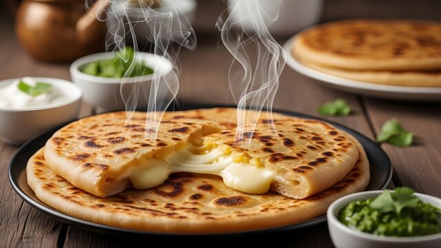 Cheese paratha with gooey melted cheese inside, rustic presentation, Indian Pakistani street food style, close up food photography, rich texture